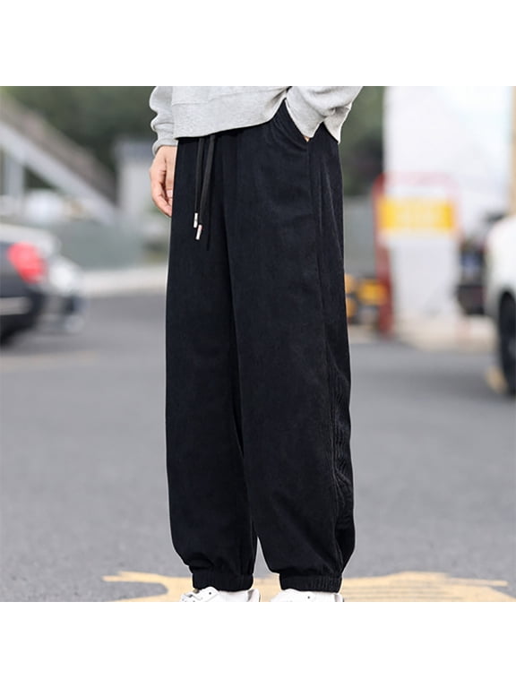 Men's Corduroy Cuffed Ankle Sports Daily Solid Color Pants Elastic Waist Trousers for Casual Wear