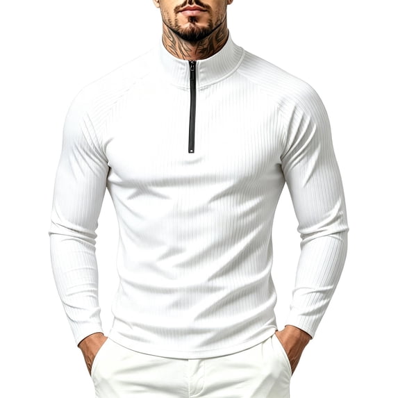 Long A Exercise REZUOFI Men's Long Sleeve Slim Fit Stand Collar Zip-Up Ribbed Fitness ...