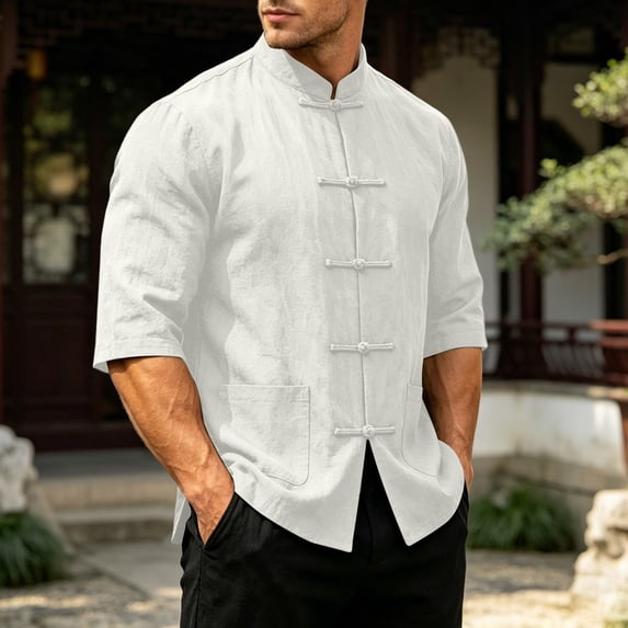 REZUOFI Mens Chinese Style Stand Collar Short Sleeve Shirt Tang Suit Casual Loose for Cultural Events Daily Wear