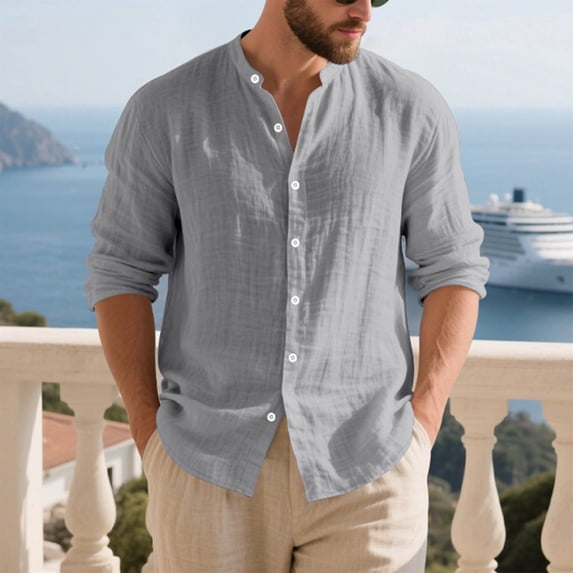 REZUOFI Mens Linen Stand Collar Long Sleeve Shirt Button Casual Breathable Loose for Summer Beach Daily Wear