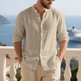 thumbnail image 1 of REZUOFI Mens Linen Stand Collar Long Sleeve Shirt Button Casual Breathable Loose for Summer Beach Daily Wear, 1 of 6