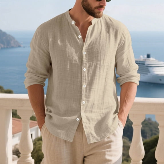 REZUOFI Mens Linen Stand Collar Long Sleeve Shirt Button Casual Breathable Loose for Summer Beach Daily Wear