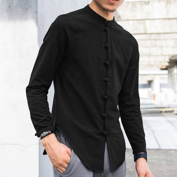 REZUOFI Mens Special Design Long Sleeve Stand Collar Button Up Shirt Solid Loose for Party Daily