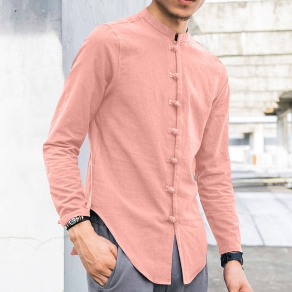 REZUOFI Mens Special Design Long Sleeve Stand Collar Button Up Shirt Solid Loose for Party Daily