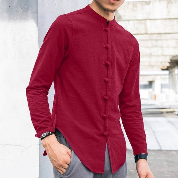 REZUOFI Mens Special Design Long Sleeve Stand Collar Button Up Shirt Solid Loose for Party Daily