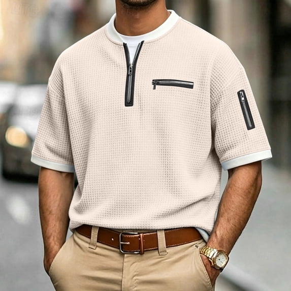 REZUOFI Mens Waffle Short Sleeve Crewneck T Shirt Solid Zip Detail Casual Loose for Summer Daily Wear
