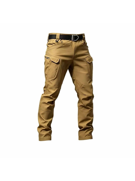 Outdoor Softshell Pants Fleece-Lined Insulation Solid Color Multi-Pocket Workwear Trousers for Men Hiking