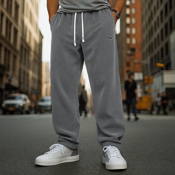 REZUOFI Pants for Men Corduroy Fleece Lined Solid Warm Straight Leg Pants with Pockets Drawstring Elastic Waist for Winter