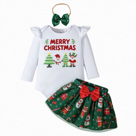 REgarm Babies First Christmas Outfit Girl Long Sleeve Romper Christmas Print Skirt Headband Sets Newborn Infant Christmas Clothes 0-3 Months,Green