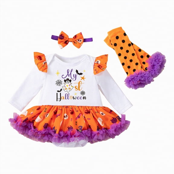 REgarm Baby Girl Halloween Outfit Letters Pumpkin Ghost Print Long Sleeves Romper Shorts Fall Winter Clothes,1-3 Months
