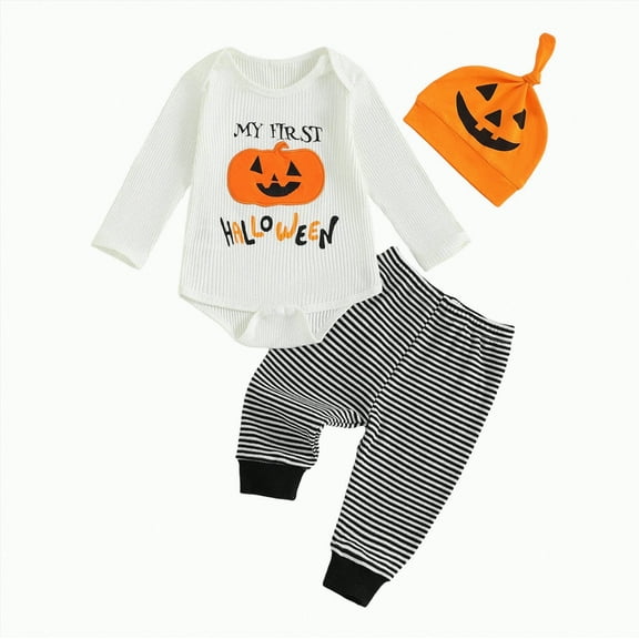 REgarm Baby Halloween Outfit Boy Cutest Pumpkin In The Patch Embroidery Romper Long Pants Hat Newborn Fall Winter Clothes Sets,0-3 Months