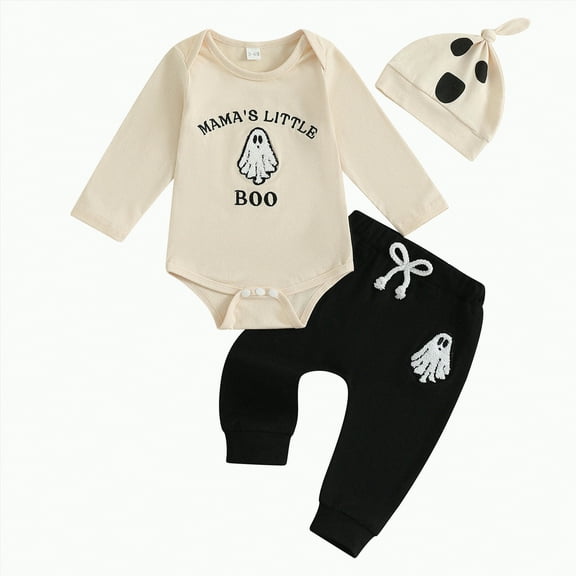 REgarm Baby Halloween Outfit Boy Mama's Little Boo Romper Ghost Embroidery Long Pants Hat 3Pcs Fall Winter Clothes Set,0-3 Months