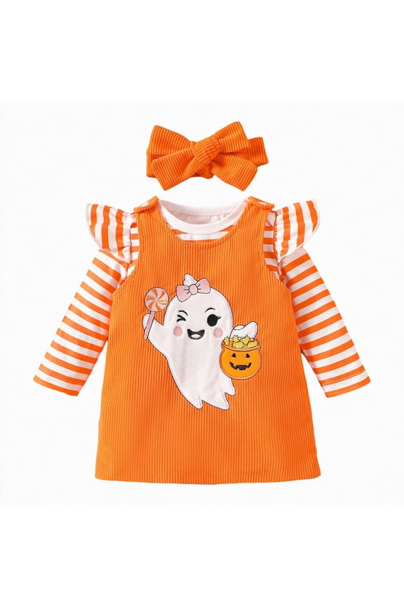 Baby Halloween Outfit Girl Pumpkin Ruffle Long Sleeve Romper Overall Dress Headband Cute Fall Winter Clothes,6-9 Months