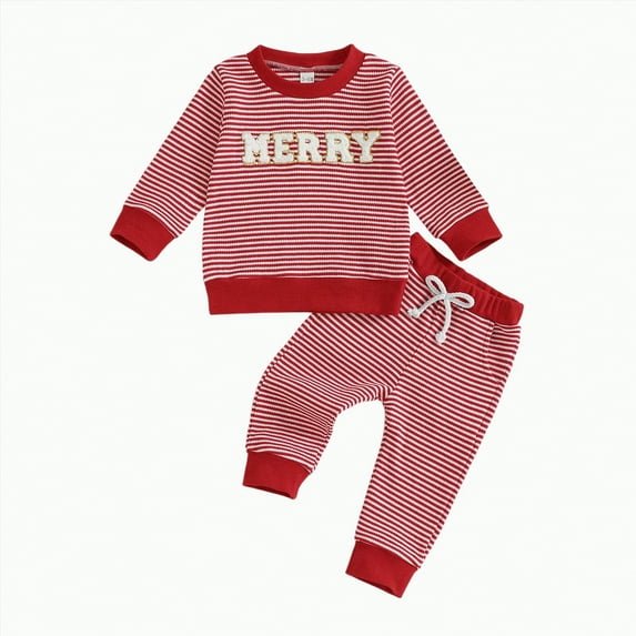 REgarm Christmas Outfit Toddler Baby Boy Girl Cute Christmas Tree Embroidery Striped Waffle Knit Sweatshirts + Pants Set Fall Winter Clothes,12-18 Months