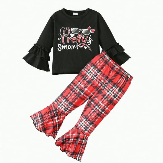 REgarm Christmas Outfits for Toddler Girls 2 Piece Girls Bell Bottom Leggings Outfit with Long Sleeved Shirt Kid and Toddler Clothes Set (Red,4-5 Years)