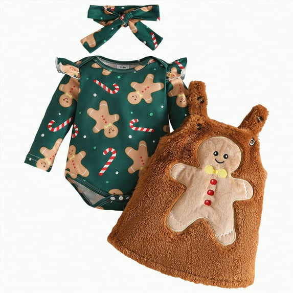 REgarm Christmas Outfits for Baby Girls Ruffle Long Sleeve Romper Suspender Overalls Dress Skirt Sets Fall Winter Clothes,0-3 Months