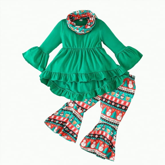 REgarm Christmas Toddler Girl Outfit Long Sleeve Shirt Dress Flared Pants Bell-Bottom Kids Toddler Fall Winter Outfit Set (Green,3-4 Years)