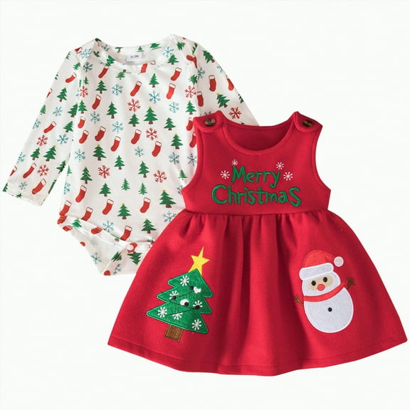 REgarm My First Christmas Baby Girl Outfit Long Sleeve Romper Merry Christmas Suspender Overalls Dress Skirt Sets Fall Winter Clothes 12-18 Months,White