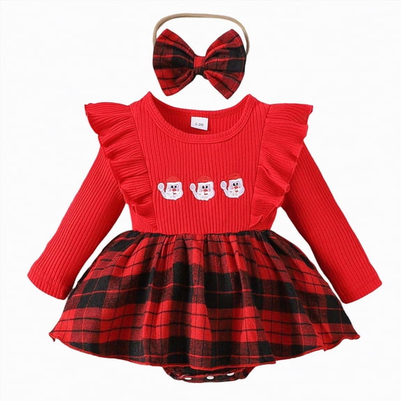 REgarm First Christmas Baby Girl Outfit Ruffle Long Sleeve Bodysuit Ribbed Plaid Romper Dress Fall Winter Outfit with Headband (Red,12-18 Months)