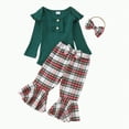 thumbnail image 1 of REgarm First Christmas Baby Girl Outfit Ruffle Long Sleeve Romper Christmas Plaid Flare Pants Headband 3Pcs Fall Winter Clothes Sets (Green,0-3 Months), 1 of 7