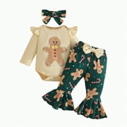 REgarm First Christmas Baby Girl Outfit Ruffle Long Sleeve Romper Santa Flare Pants Headband 3Pcs Fall Winter Clothes Sets,12-18 Months