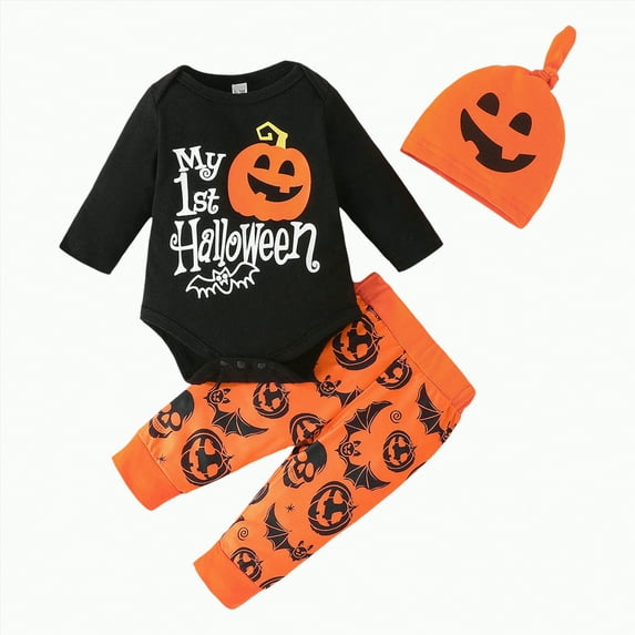 REgarm First Halloween Baby Boy Outfit Long Sleeve Romper Pants Hat Pumpkin Clothes Fall Winter Clothes,0-3 Months