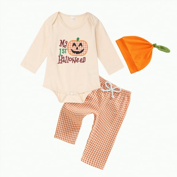 REgarm First Halloween Baby Boy Outfit Pumpkin Romper Long Pants Hat Fall Winter Clothes,6-12 Months