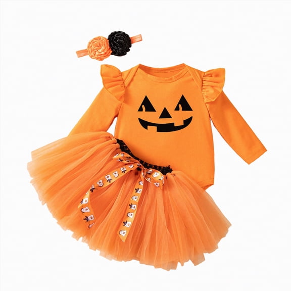 REgarm First Halloween Baby Girl Outfit Letters Pumpkin Ghost Print Long Sleeves Romper Shorts Baby Girl Halloween Clothes with Headband,6-9 Months