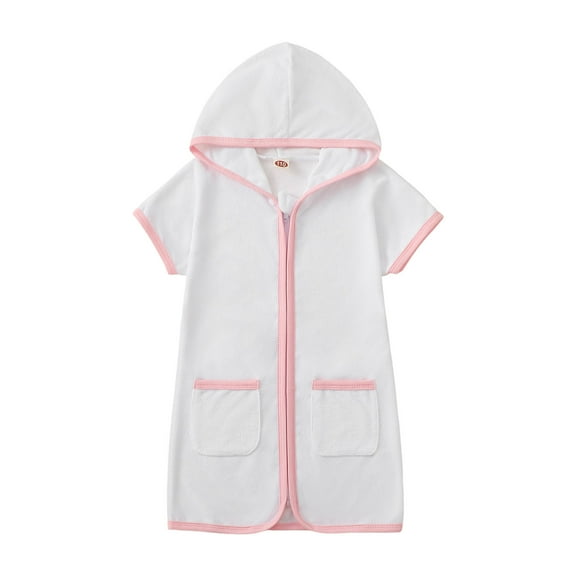 REgarm Girls Boys Terry Cloth Swim Cover Up Zip Up Hooded Bathing Suit Coverup Wraps Kids Pool Beach Robe Toddler Swim Cover Up White,8-9 Years