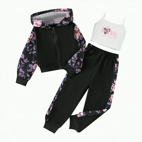 REgarm Girls Graphic 3 Piece Outfits Workout Hoodie Crop Tank and Sweatpants Set for Toddler Kids (Black,5-6 Years)