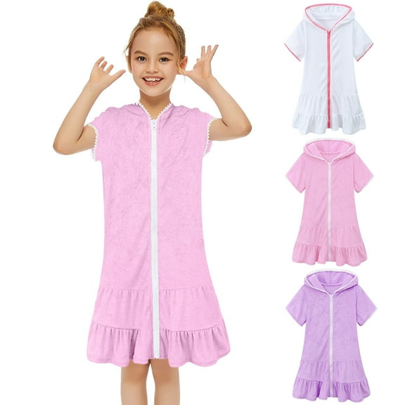 REgarm Girls Swim Cover Up Kids Girls Swimsuit Coverup Terry Hooded Zip-Up Beach Toddler Bathing Suit Wraps Pink,4-5 Years