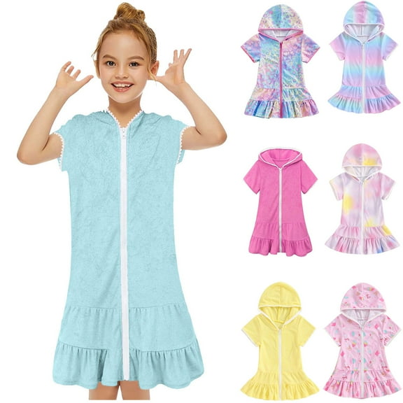 REgarm Girls Swimsuit Coverup Swimsuit Coverup Terry Hooded Zip-Up Beach Toddler Kids Bathing Suit Wraps Sky Blue,6-7 Years