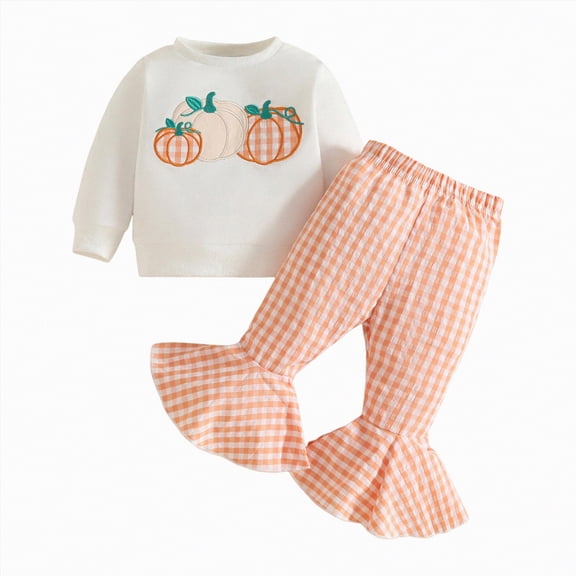 REgarm Halloween Outfit Toddler Baby Boy Girl Fall Winter Clothes Embroidery Shirt Top Elastic Waist Plaid Pants Set Trendy 2 Piece Outfit,2-3 Years