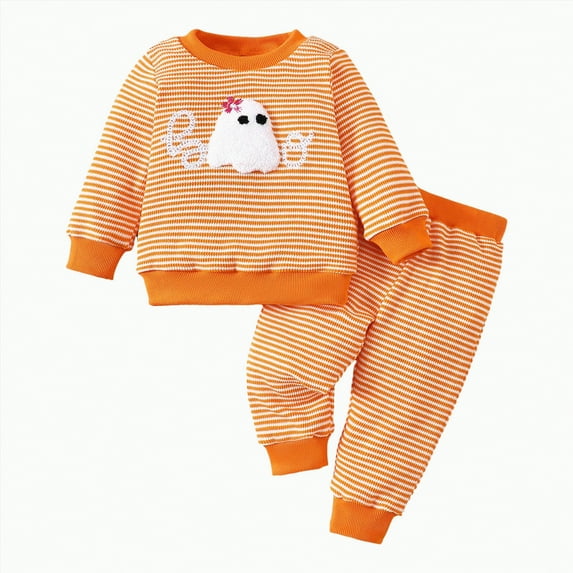 REgarm Halloween Outfits for Toddler Baby Boys Girls Toddler Baby Girl Fall Clothes Halloween Outfit Cute Ghost Embroidery Striped Waffle Knit Sweatshirts + Pants Set,12-18 Months