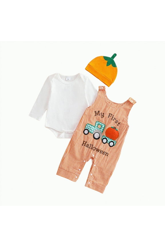 Halloween Outfits for Baby Boy 3PCS Clothes Set Infant Long Sleeve Romper Cute Pattern Suspender Pants Overalls Fall Winter Outfits,3-6 Months