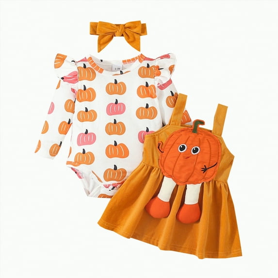 REgarm Halloween Outfits for Baby Girls Pumpkin Ruffled Long Sleeve Romper Overall Dress Set Cute Fall Winter Clothes,6-12 Months