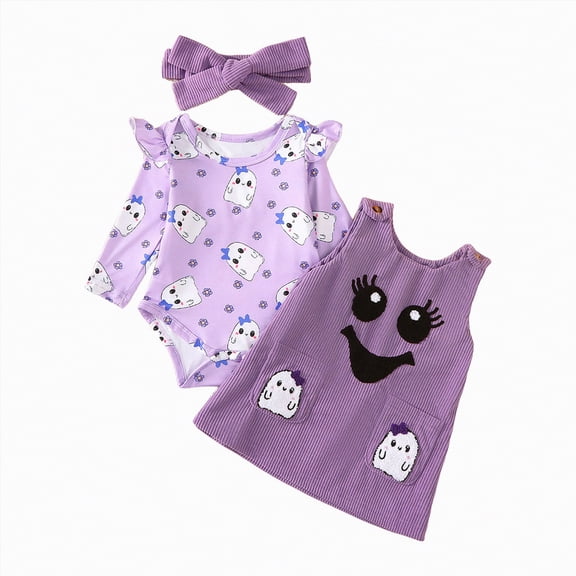 REgarm Halloween Outfits for Baby Girls Ruffle Romper Ghost Pumpkin Suspender Overalls Dress Skirt Sets Fall Winter Clothes,0-3 Months