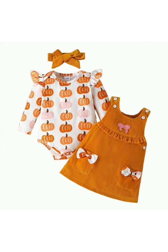 Halloween Outfits for Baby Girls Ruffle Romper Pumpkin Suspender Overalls Dress Skirt Sets Fall Winter Clothes,6-9 Months