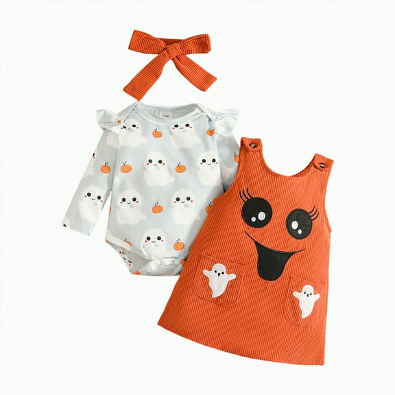 REgarm Halloween Outfits for Baby Girls Ruffle Romper Pumpkin Suspender Overalls Dress Skirt Sets Fall Winter Clothes,3-6 Months