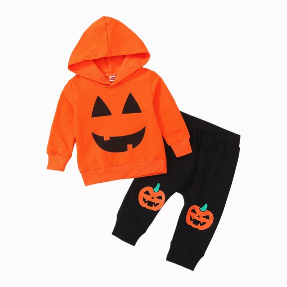 REgarm Halloween Outfits for Toddler Baby Boy Girl Pumpkin Crewneck Pullover Hooded Sweatshirt Jogger Pants 2Pcs Fall Winter Outfits,12-18 Months