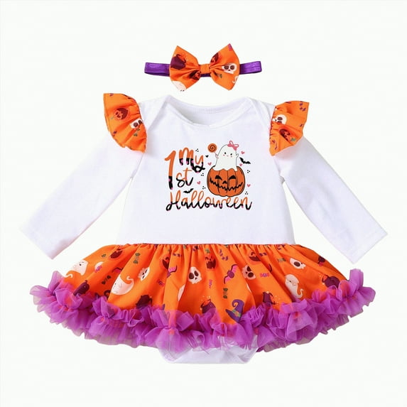 REgarm Baby Girl Halloween Outfit Ruffle Long Sleeve Romper Tulle Tutu Skirt Headband Clothes Set,6-9 Months