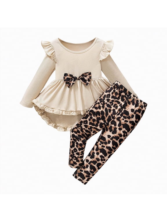 Kid Toddler Girl Clothes Bowknot Ruffle Sleeve Top Floral Allover Pants Fall Winter Outfit Set (Beige,5-6 Years)