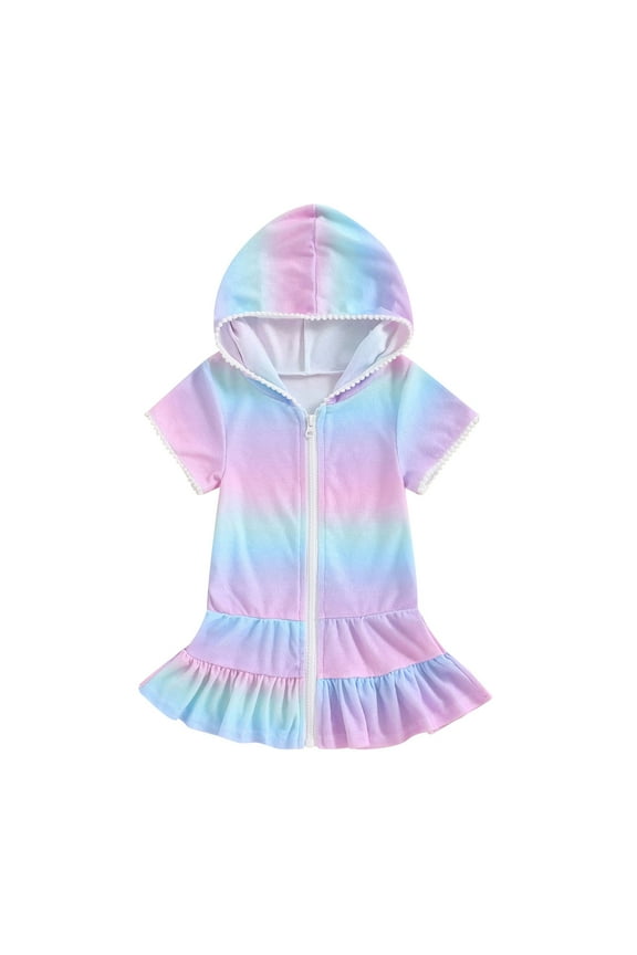 Kids Swimsuit Cover Up Girls Hooded Terry Swimsuit Zipper Swim Dress Short Sleeve Ruffle Coverups Bathing Suit Swimwear for Toddler Kids Light Blue,6-7 Years
