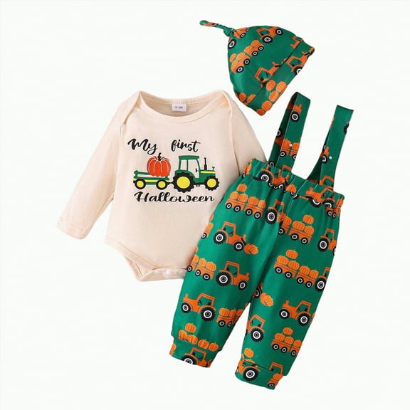 REgarm My First Halloween Baby Boy Outfit Long Sleeve Pumpkin Romper Suspender Overalls Pants Set with Hat Boy Fall Winter Clothes,3-6 Months