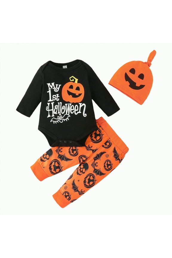My First Halloween Baby Boy Outfit Long Sleeve Romper Pants Hat Pumpkin Clothes Fall Winter Clothes,3-6 Months