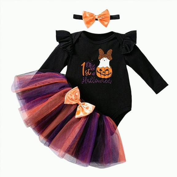 REgarm My First Halloween Baby Girl Outfit Long Sleeve Romper Bloomers Tutu Skirt Headband 3Pcs Halloween Clothes for Baby Girl,6-9 Months