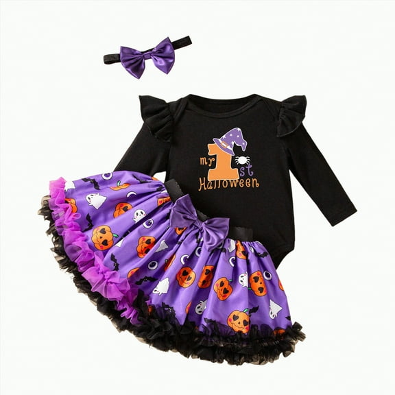 REgarm My First Halloween Baby Girl Outfit Long Sleeve Romper+Bloomers Tutu Skirt+Headband 3Pcs Halloween Clothes for Baby Girl,1-3 Months