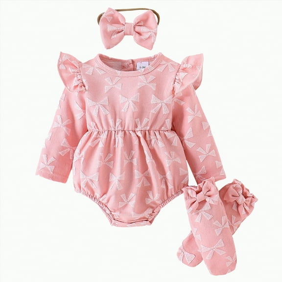 REgarm Newborn Baby Girl Clothes Ruffle Print Long Sleeve Romper Headband Socks 3Pcs Fall Winter Christmas Outfit Baby Girl (Pink,3-6 Months)