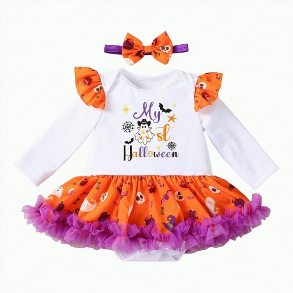 REgarm Baby Girl Halloween Outfit Letter Ghost Pumpkin Print Romper Suspender Skirts Headband Clothes Set,6-9 Months
