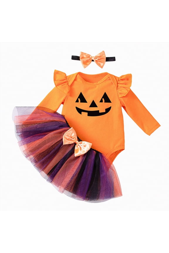 Baby Girl Halloween Outfit Letter Ghost Pumpkin Print Romper Suspender Skirts Headband Clothes Set,6-9 Months